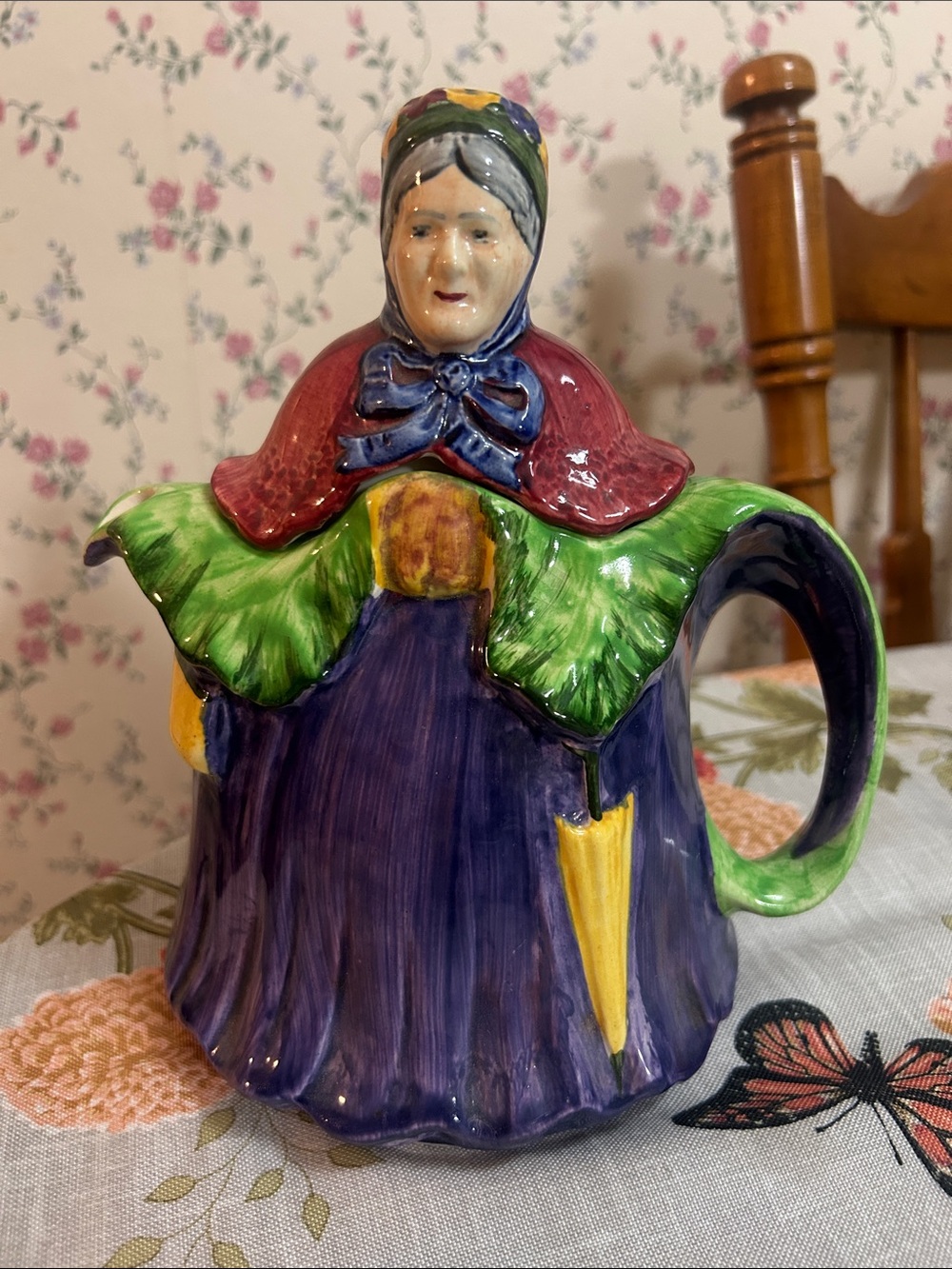 Hand-Painted Ceramic Little Ild Lady ceramic Teapot in Purple, Green, Red